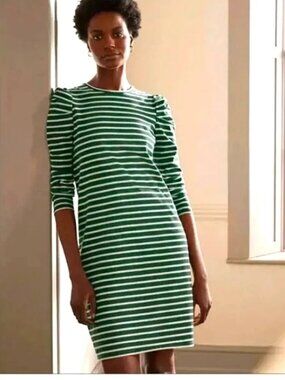 Boden Imogen Green Breton Stripe Puff Sleeve Dress